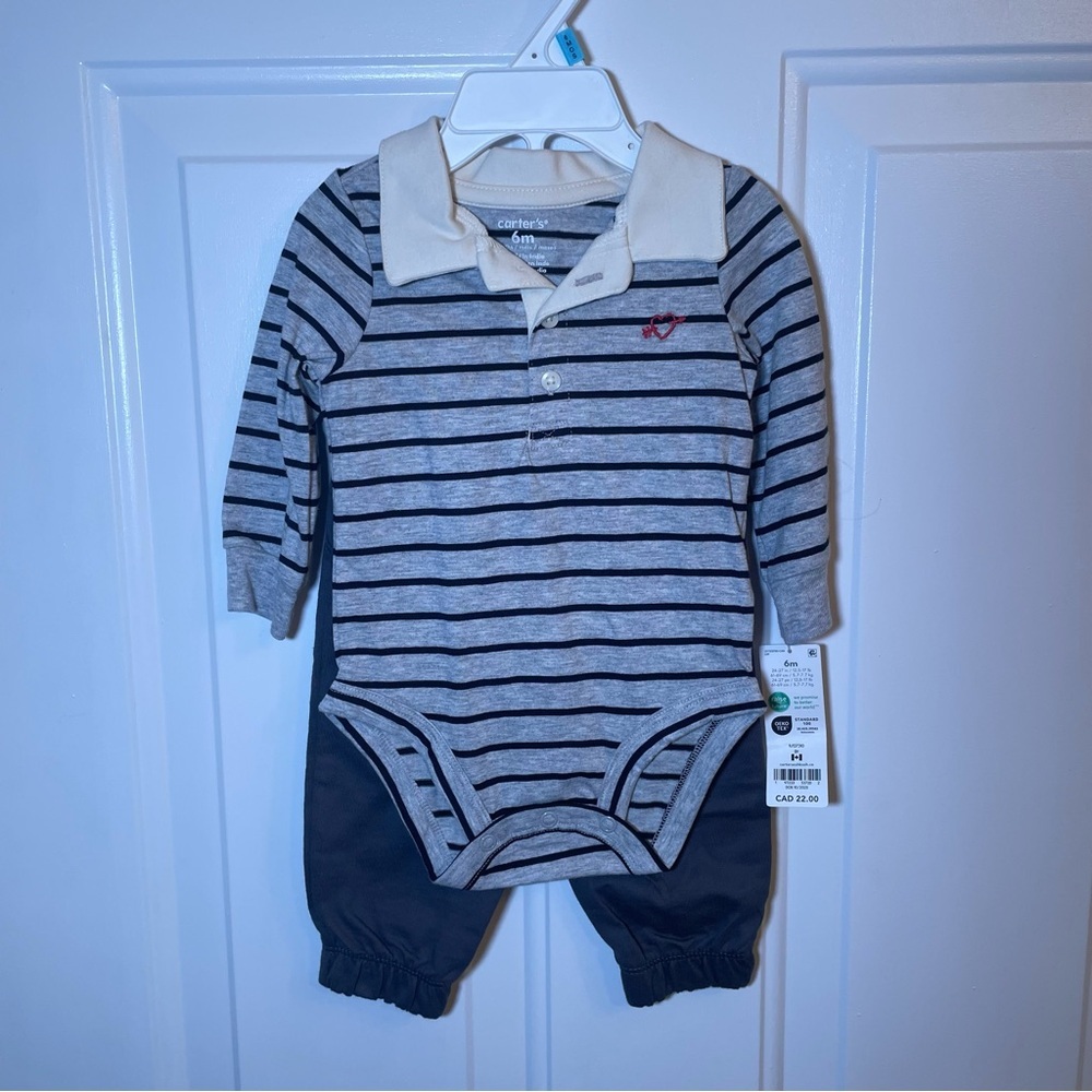 Carter's Gray Striped Bodysuit with Collar and Gray Pants Set